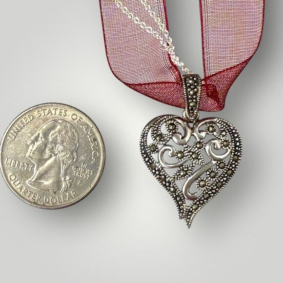Sterling Silver 925 Marcasite Heart Pendant Necklace Ribbon & Chain 18 inch - Picture 8 of 9